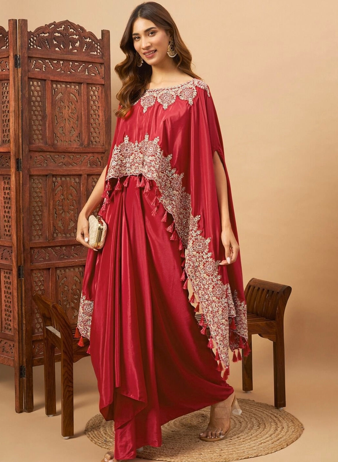 Red Partywear designer pure crepe cape with dhoti skirt
