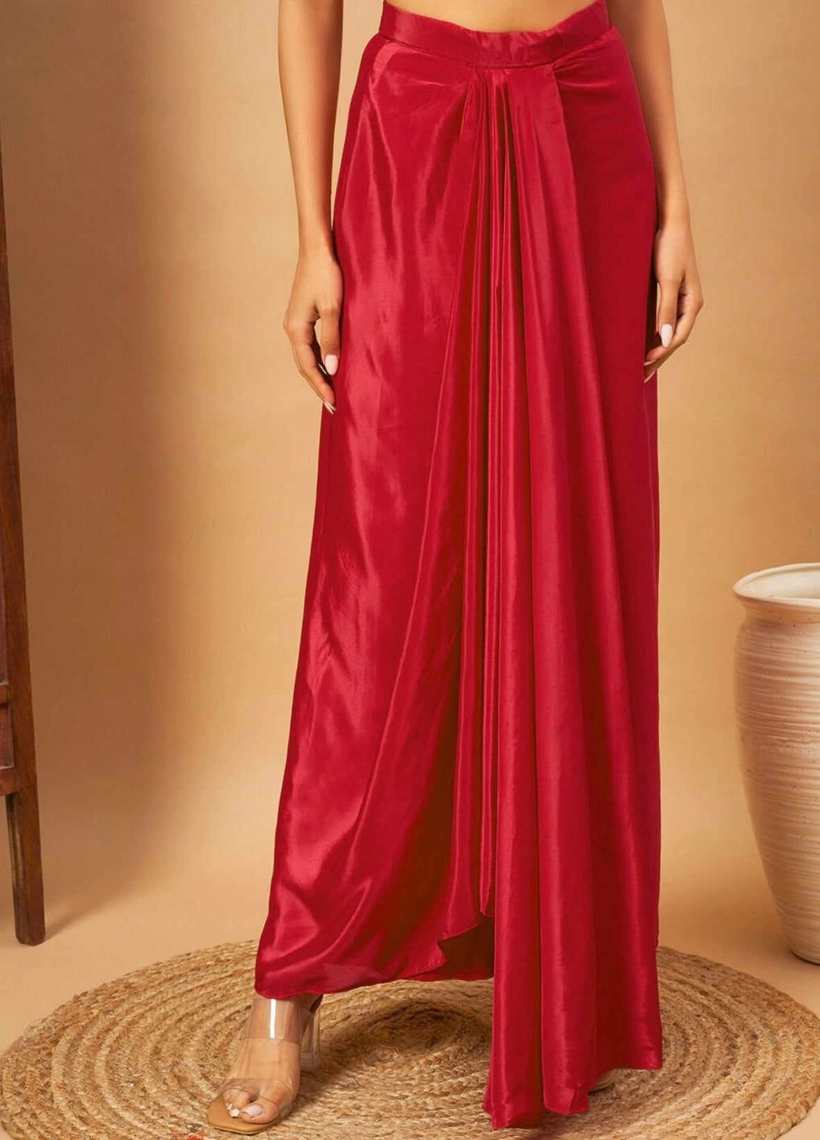 Red Partywear designer pure crepe cape with dhoti skirt