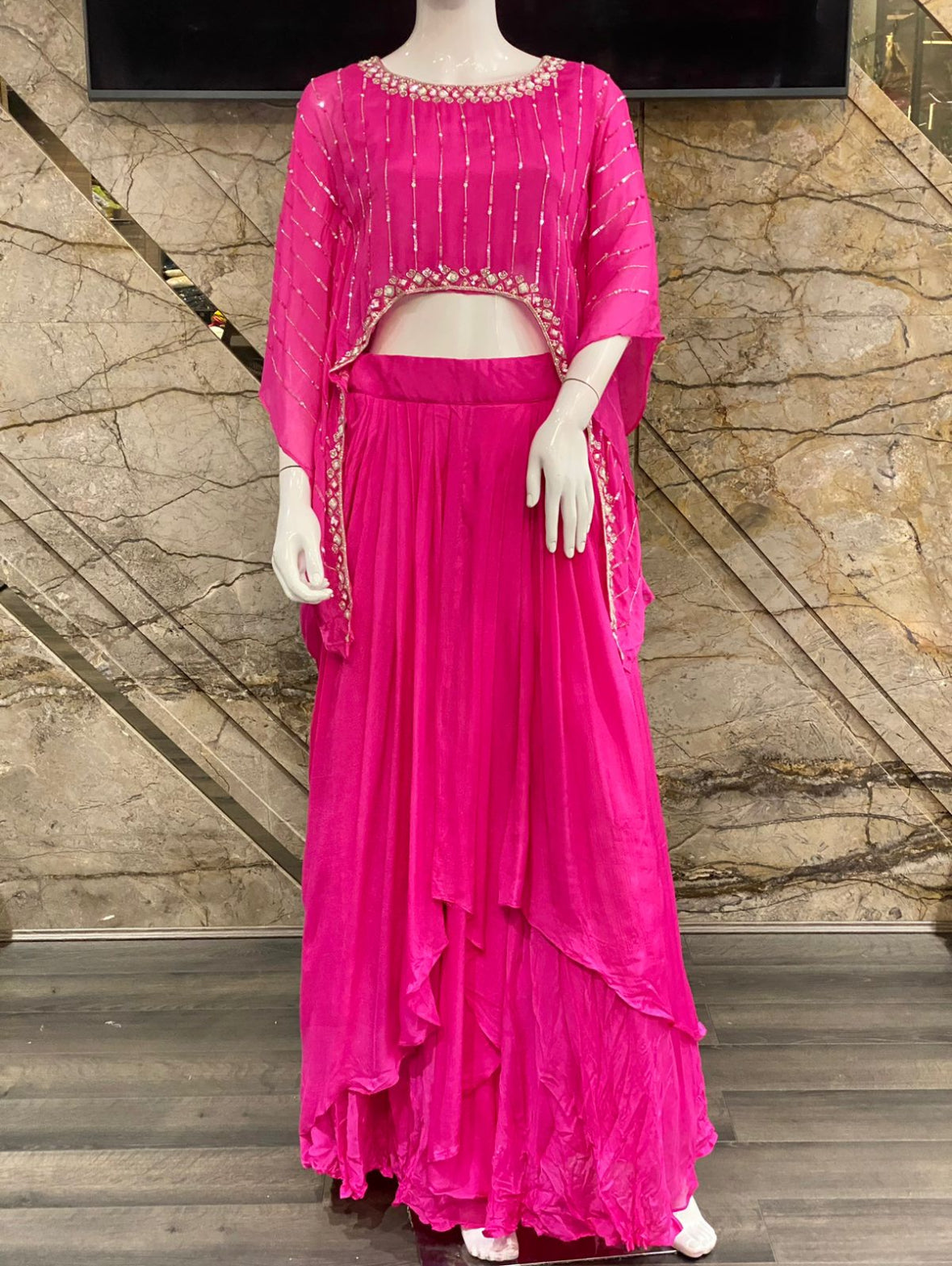 Designer Partywear Hot Pink Drape Skirt With Kaftan Style Top