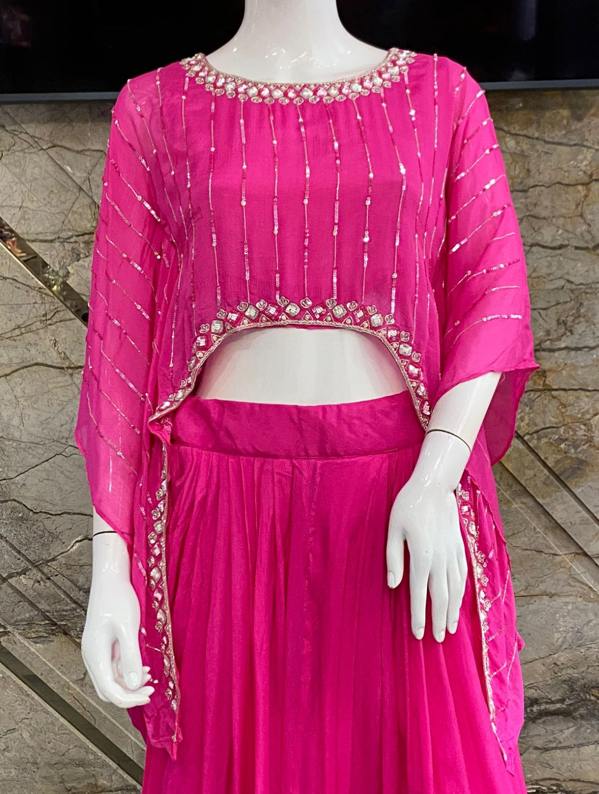 Designer Partywear Hot Pink Drape Skirt With Kaftan Style Top