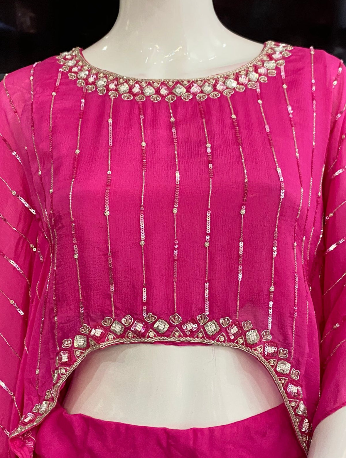 Designer Partywear Hot Pink Drape Skirt With Kaftan Style Top