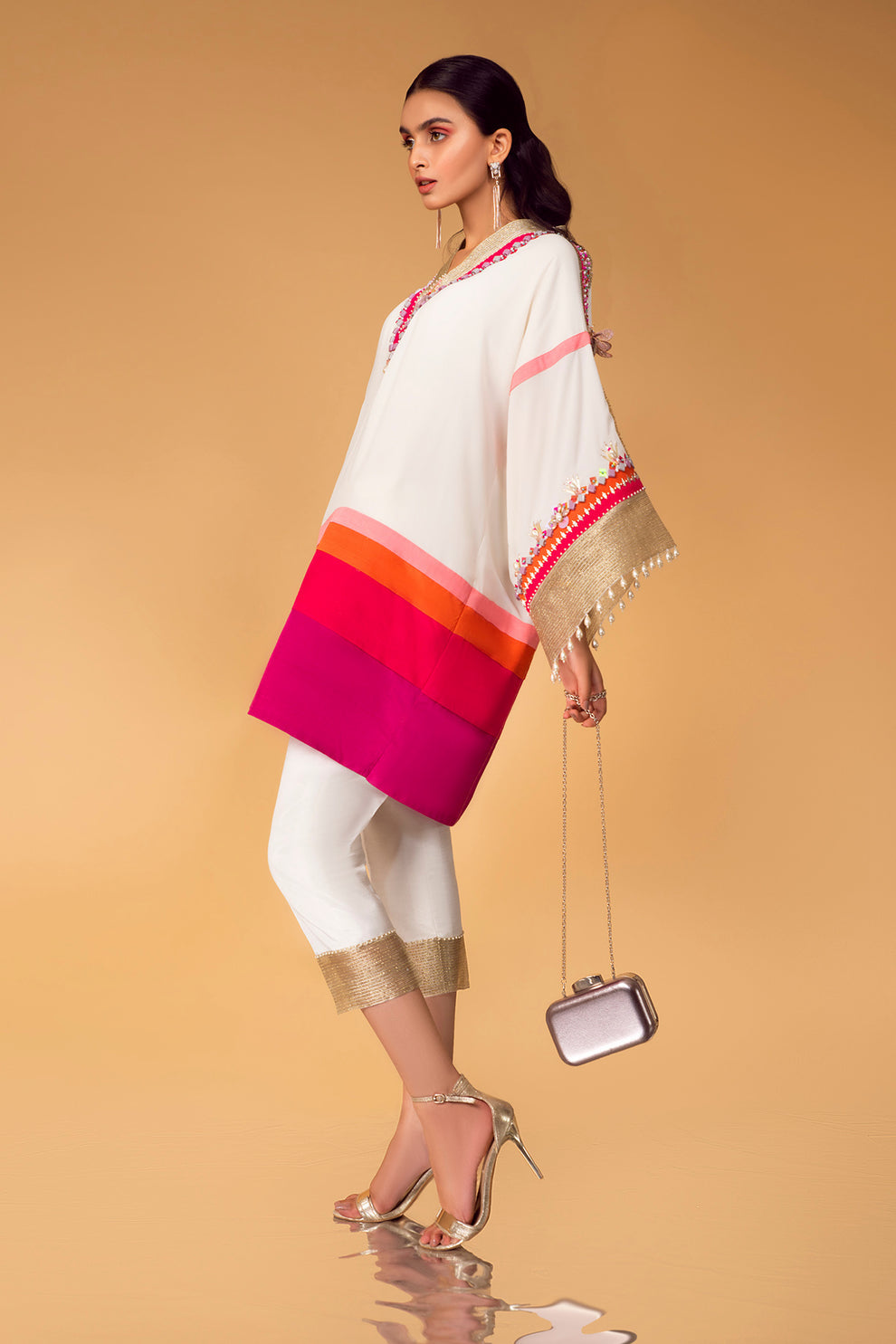 Off White Pure Crepe Ombre Co-ord Set With Mirror Work And Pearl Embellishment