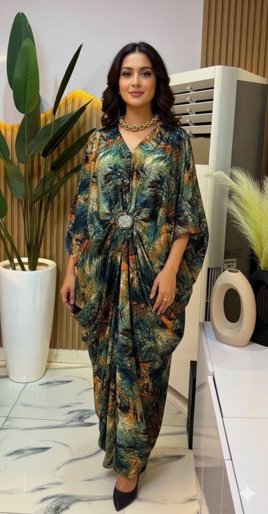Imported Premium Satin Kaftan With Detachable Rhinestone Brooch