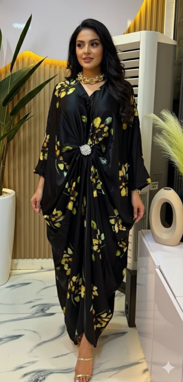 Imported Premium Satin Kaftan With Detachable Rhinestone Brooch