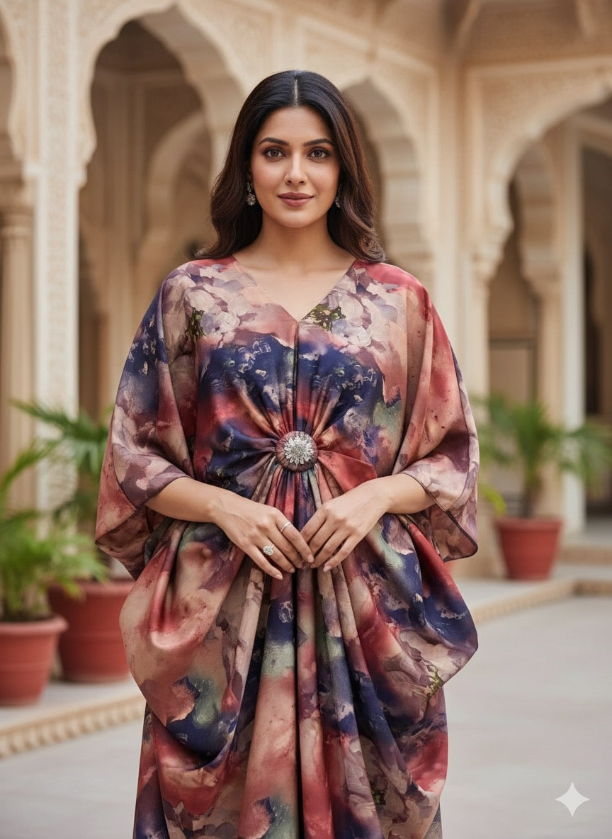 Imported Premium Satin Kaftan With Detachable Rhinestone Brooch