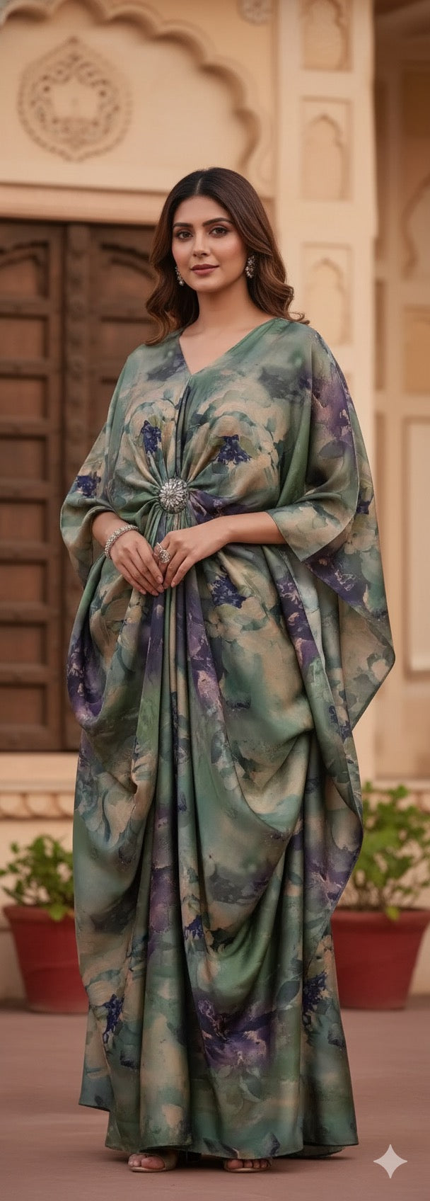 Imported Premium Satin Kaftan With Detachable Rhinestone Brooch