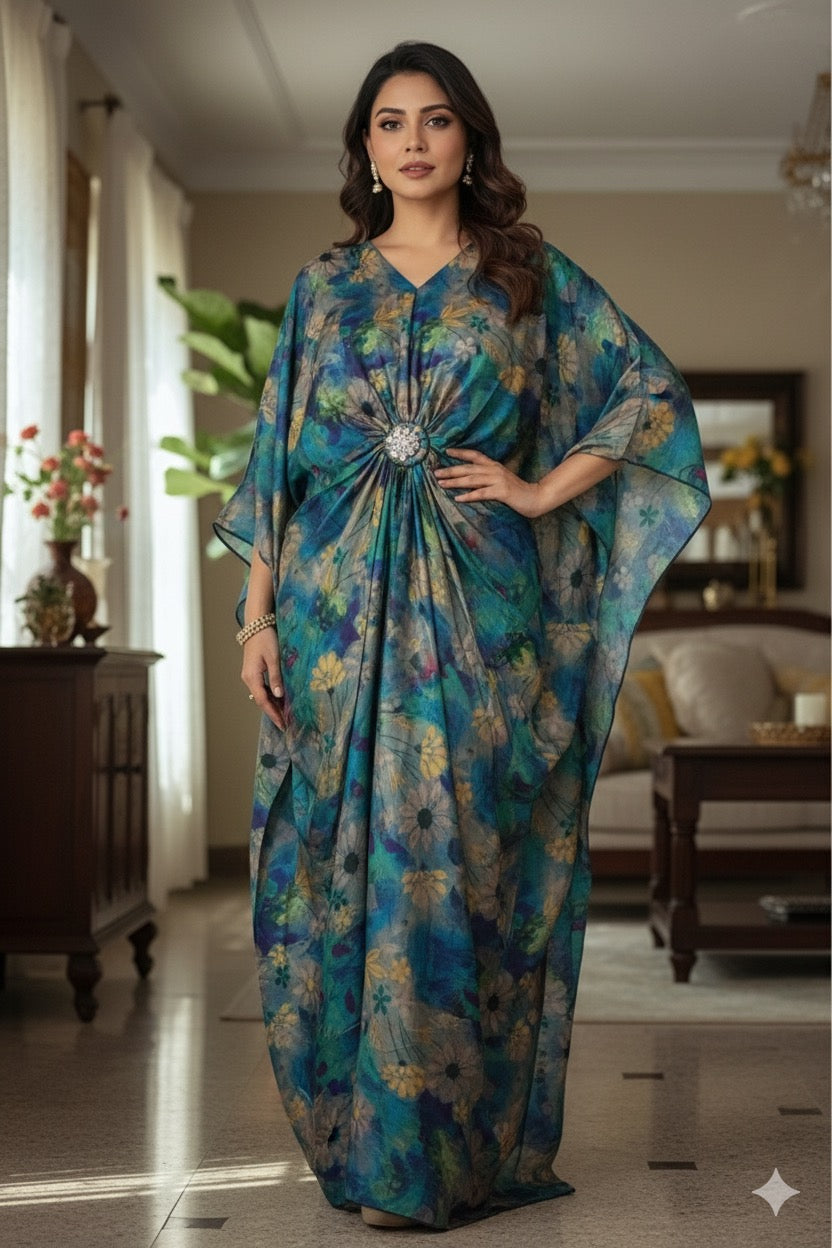 Imported Premium Satin Kaftan With Detachable Rhinestone Brooch