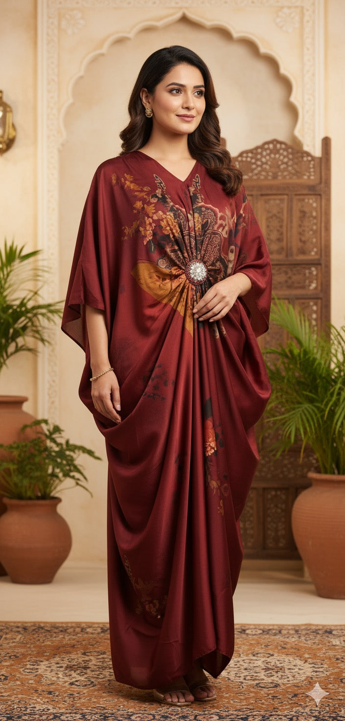 Imported Premium Satin Kaftan With Detachable Rhinestone Brooch