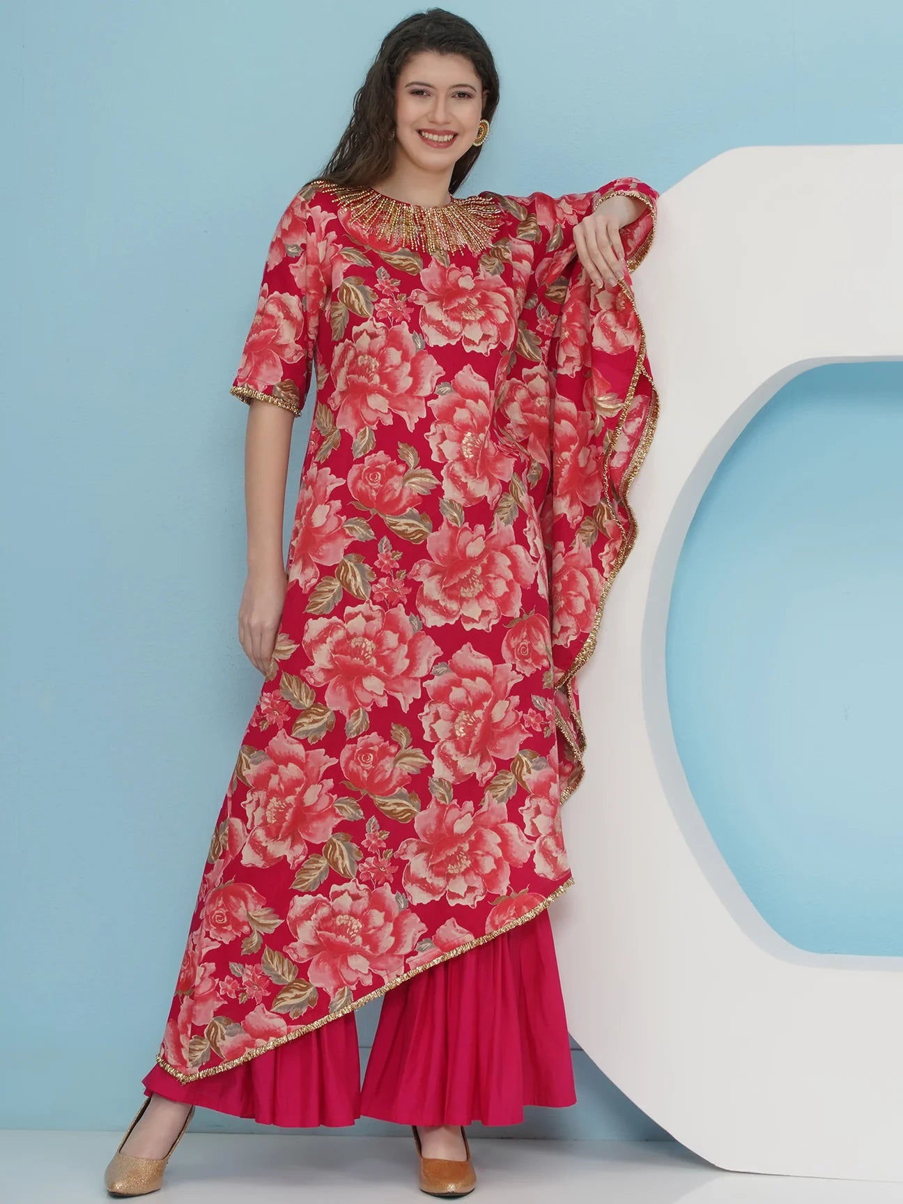 Designer Pink Printed Hand embellished One side kaftaan with sharara Set