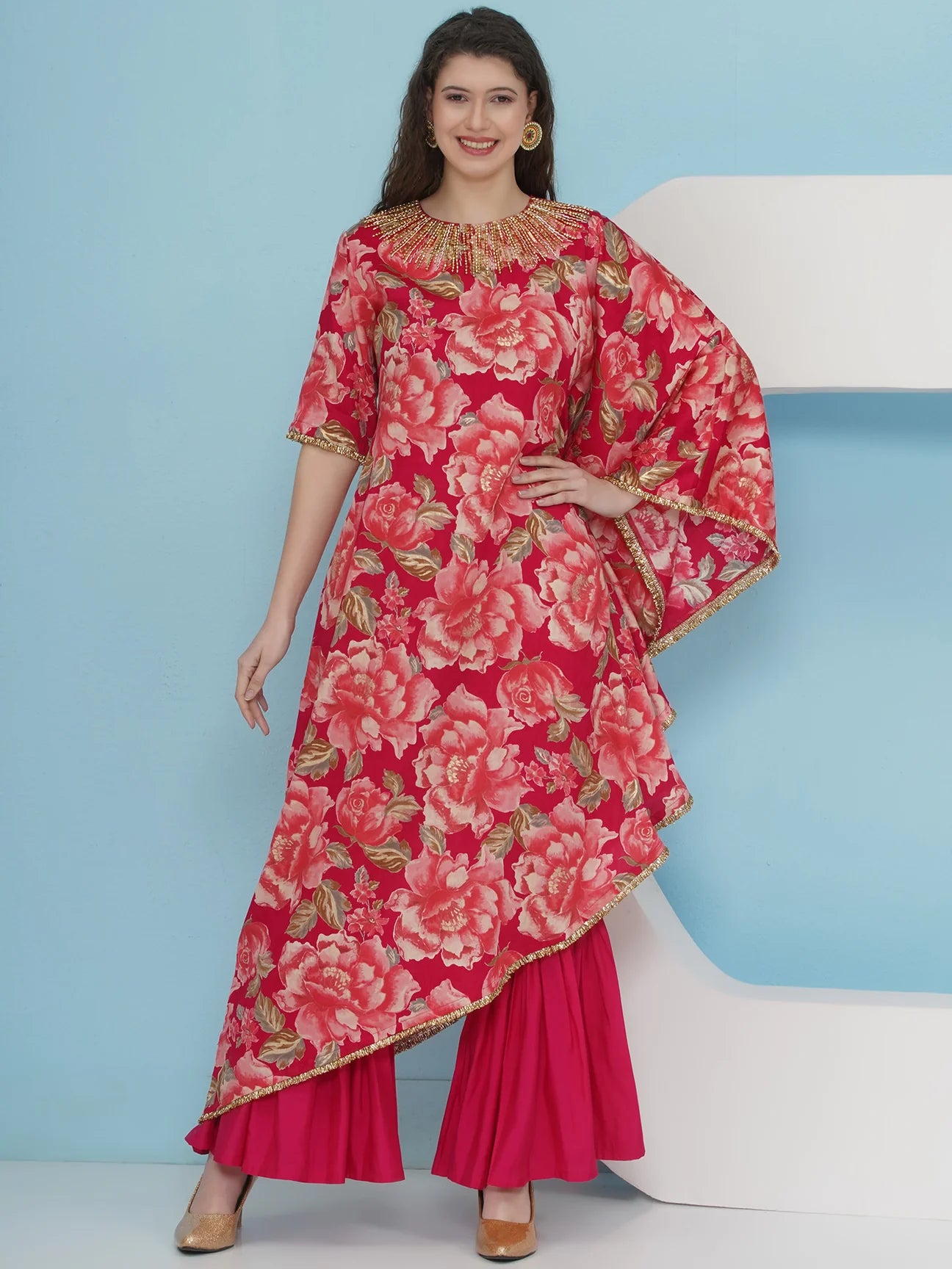 Designer Pink Printed Hand embellished One side kaftaan with sharara Set