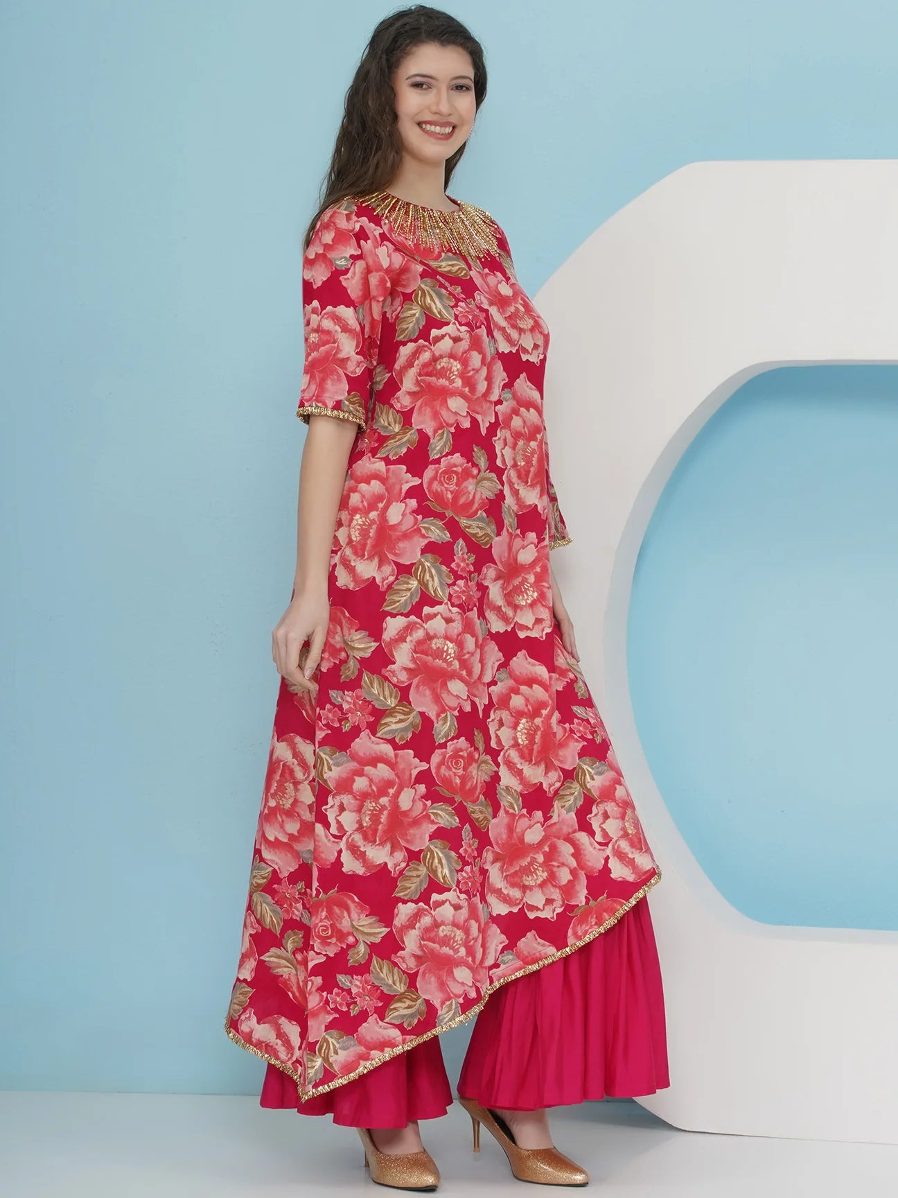 Designer Pink Printed Hand embellished One side kaftaan with sharara Set