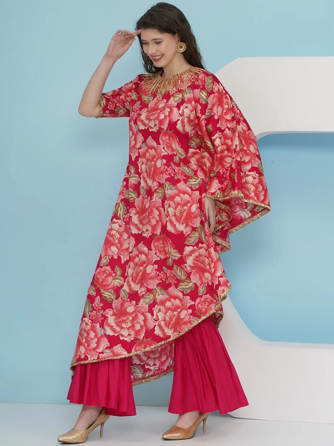 Designer Pink Printed Hand embellished One side kaftaan with sharara Set