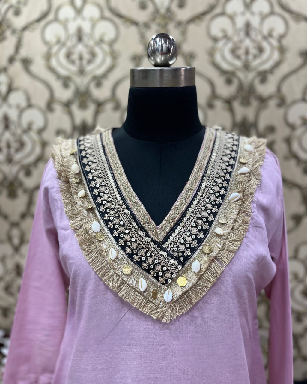 V-Neck Yellow Embellished Cotton Linen Co-ord Set