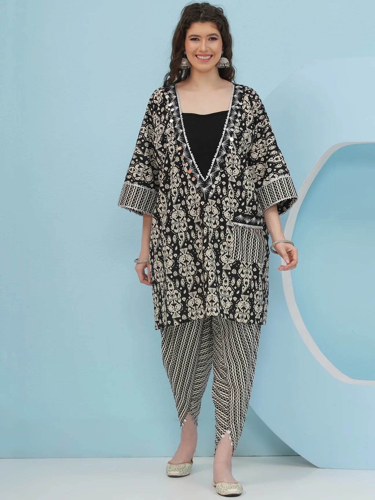 Designer Black & White Pure Cotton Printed 3 pc Choga Coord Set