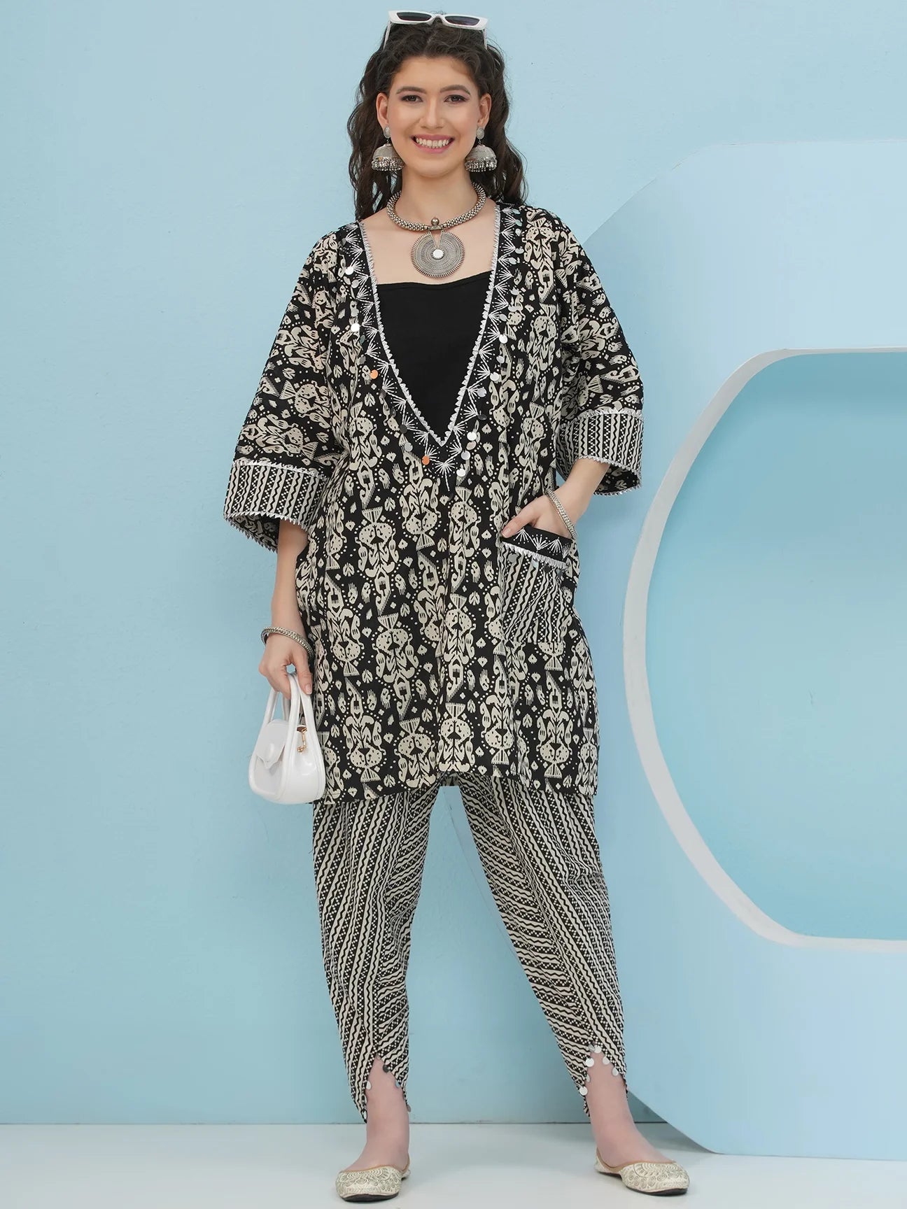 Designer Black & White Pure Cotton Printed 3 pc Choga Coord Set