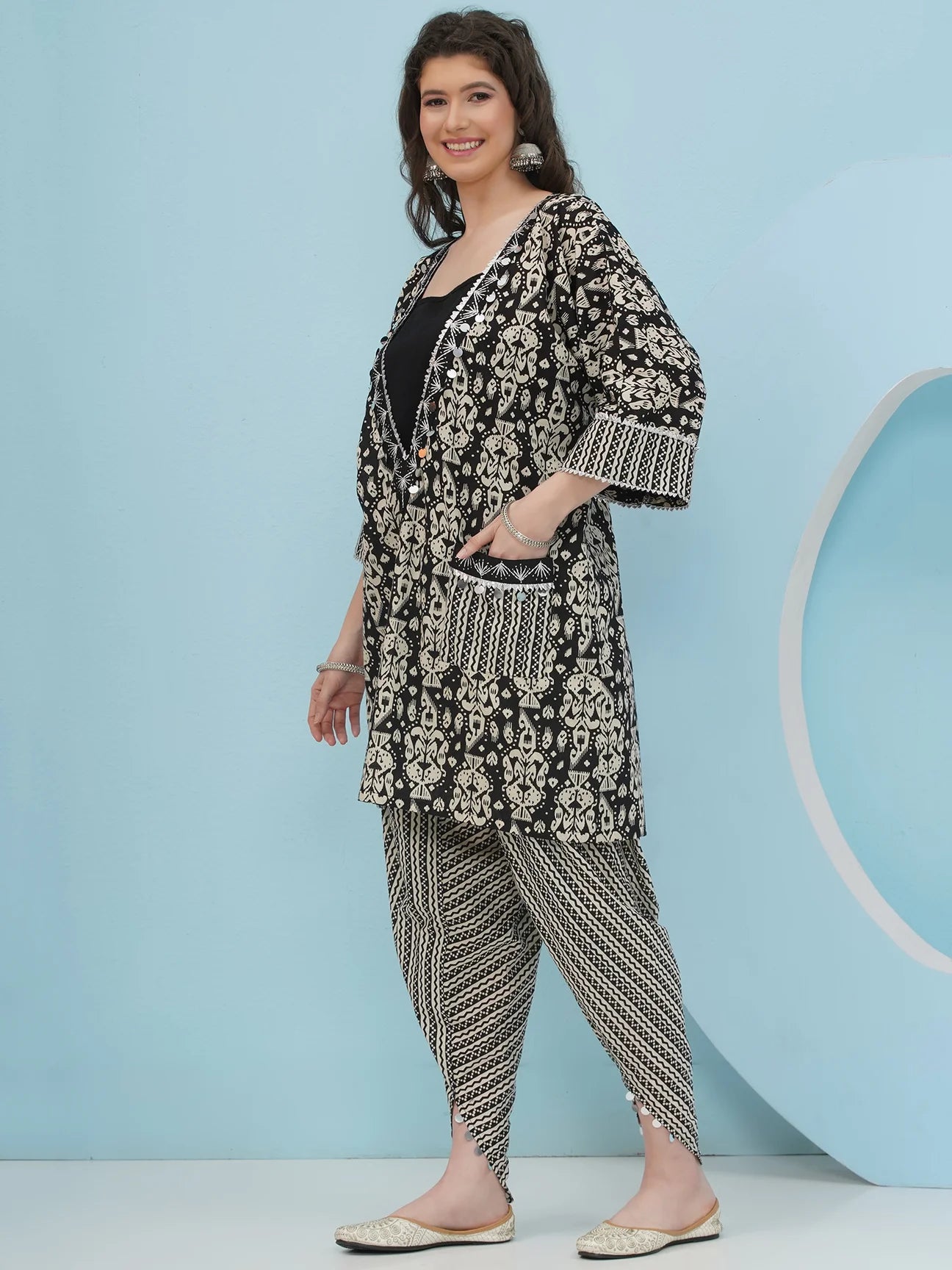 Designer Black & White Pure Cotton Printed 3 pc Choga Coord Set