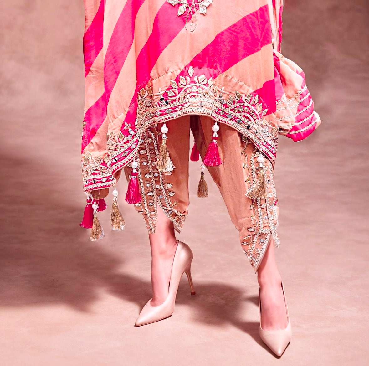 Designer Partywear Fuschia And Beige Pure Crepe Kaftan Set