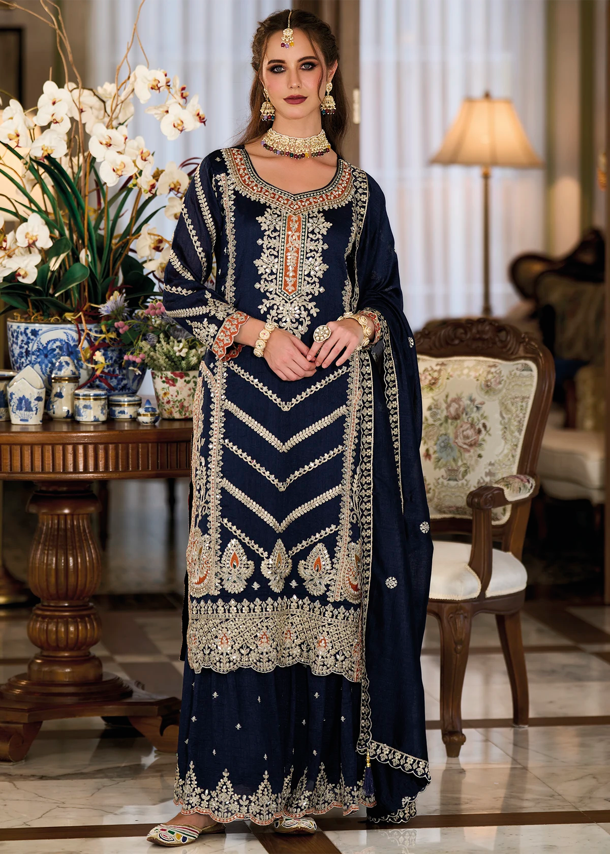 Navy Blue Mirror Work & Zari Embroidered Sharara Suit
