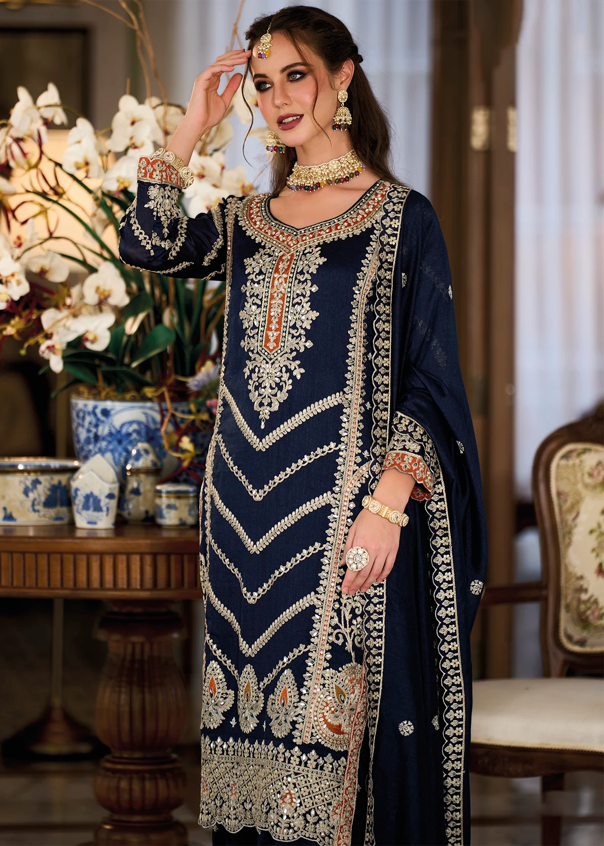 Navy Blue Mirror Work & Zari Embroidered Sharara Suit