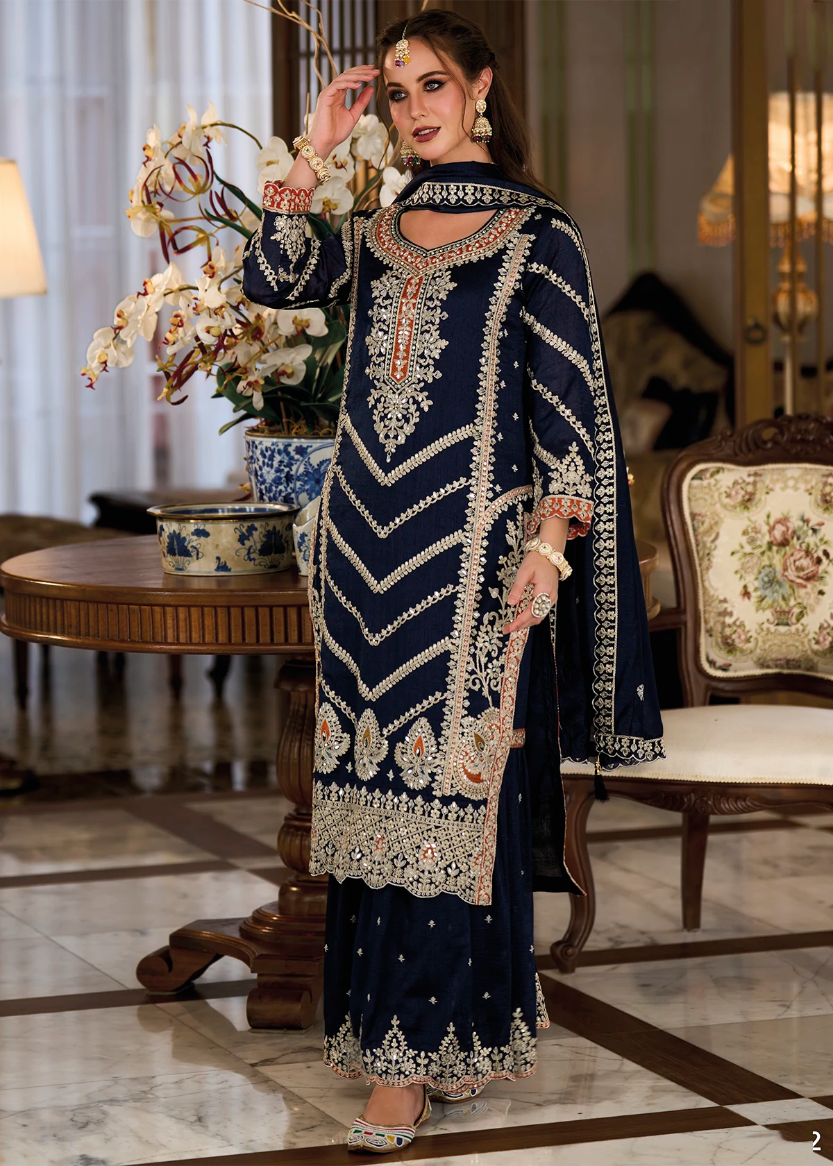 Navy Blue Mirror Work & Zari Embroidered Sharara Suit