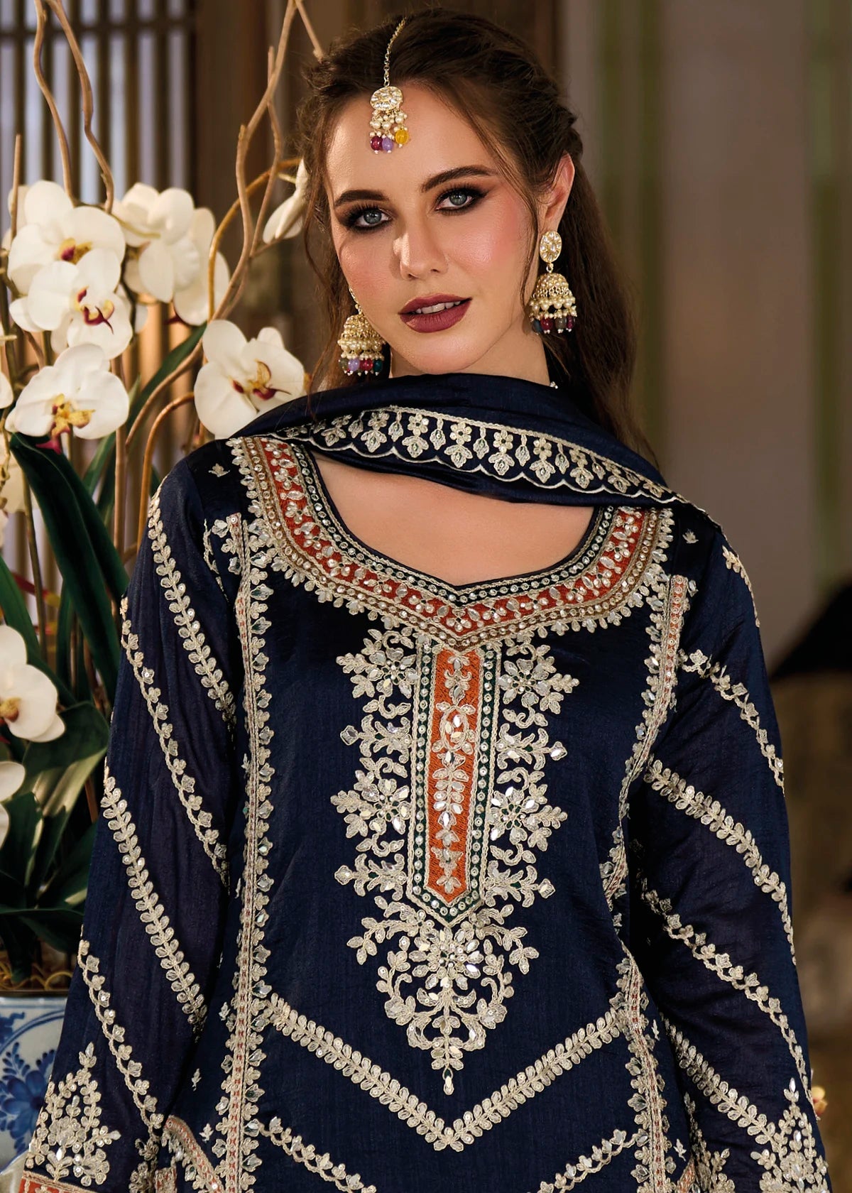 Navy Blue Mirror Work & Zari Embroidered Sharara Suit