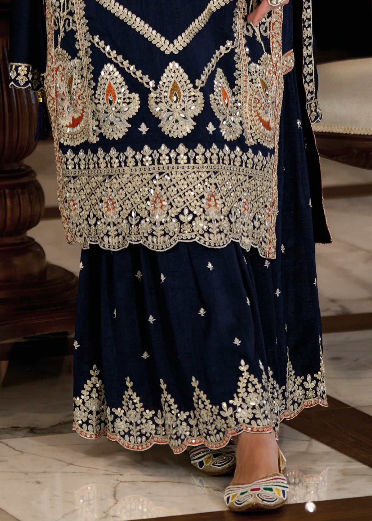 Navy Blue Mirror Work & Zari Embroidered Sharara Suit