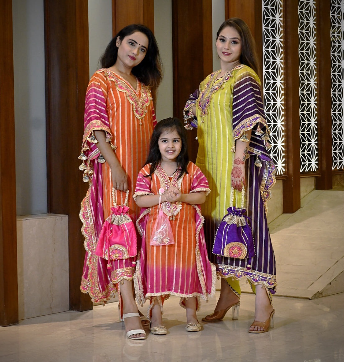 Designer Partywear Mother Daughter Combo Trending Ombre Heavy Gota Patti And Mirror Work Kaftan Set