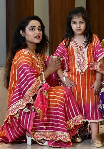 Designer Partywear Mother Daughter Combo Trending Ombre Heavy Gota Patti And Mirror Work Kaftan Set