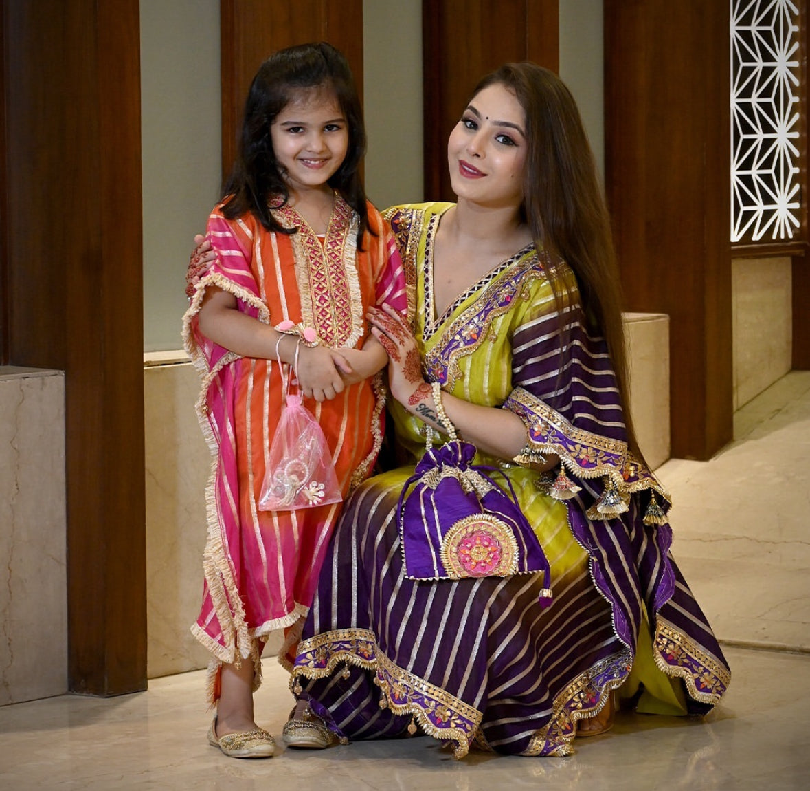 Designer Partywear Mother Daughter Combo Trending Ombre Heavy Gota Patti And Mirror Work Kaftan Set