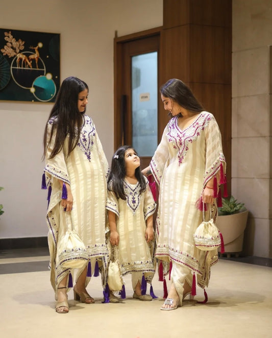 Designer Partywear Mother Daughter Combo Heavy Gota Patti And Mirror Work Kaftan Set
