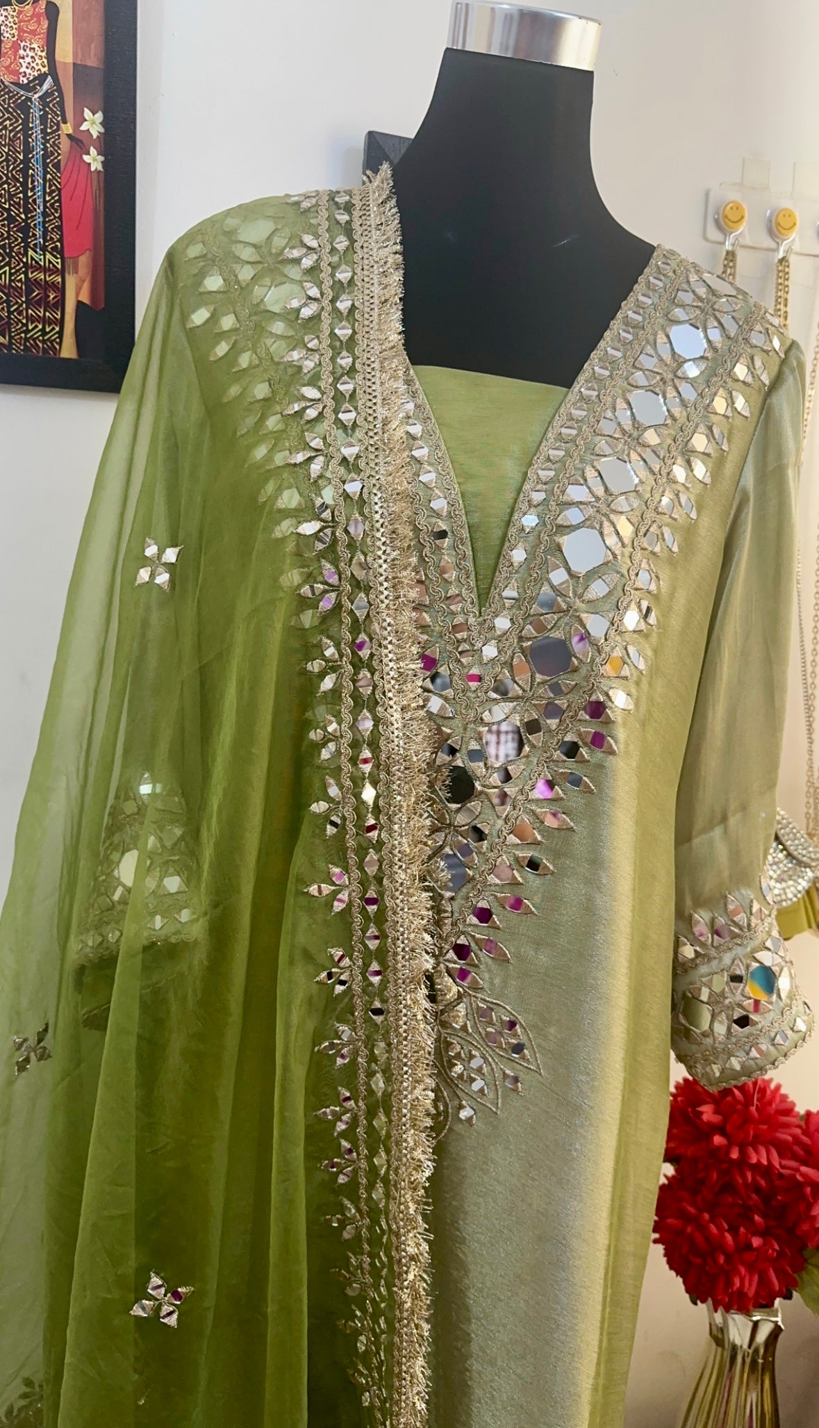 Designer Partywear Pakistani Jalabiya Kaftan Long Dress With Pant and Mirror Work Dupatta