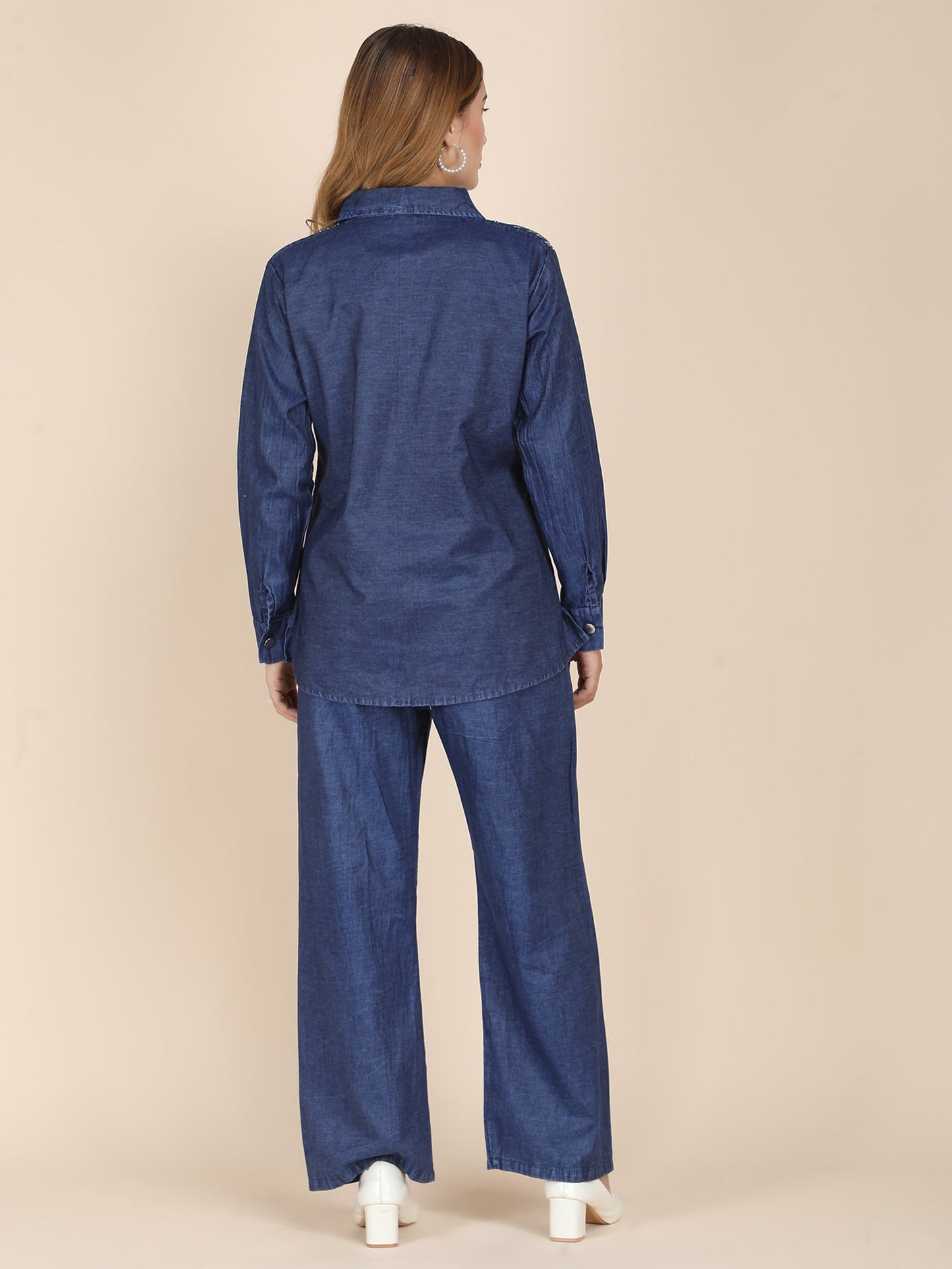 Partywear Soft Denim Coord Set With Sequins Embroidery