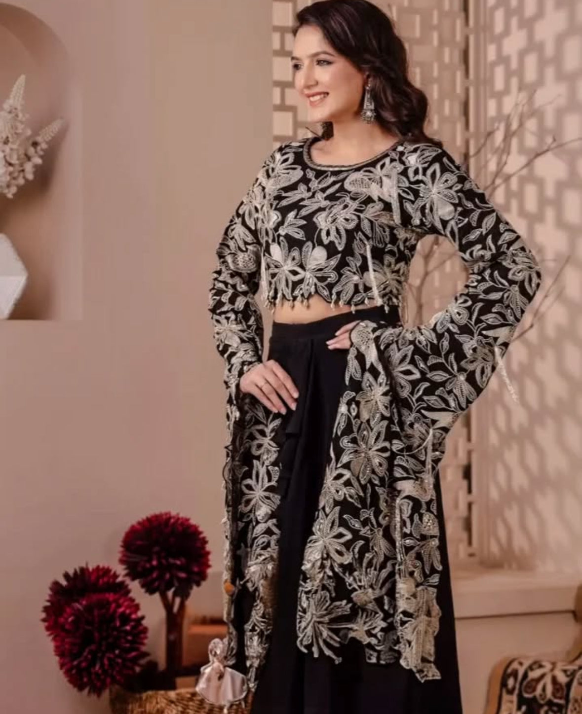Partywear designer black crop top with dhoti skirt