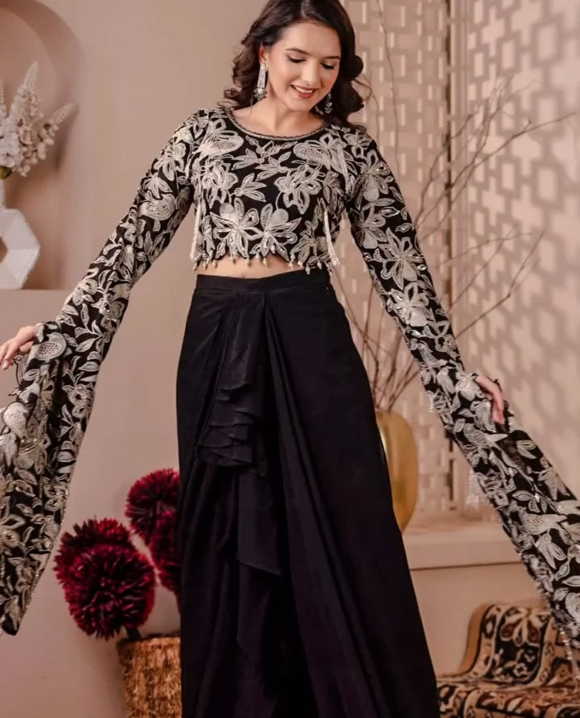 Partywear designer black crop top with dhoti skirt