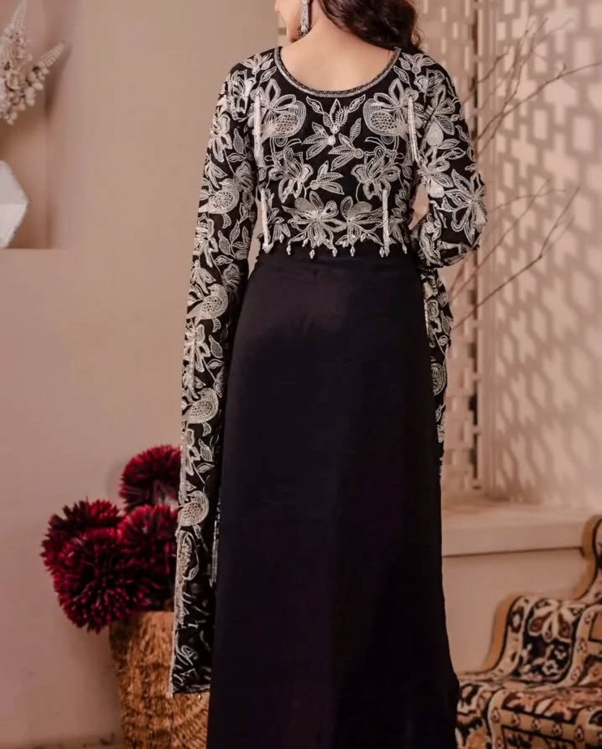 Partywear designer black crop top with dhoti skirt