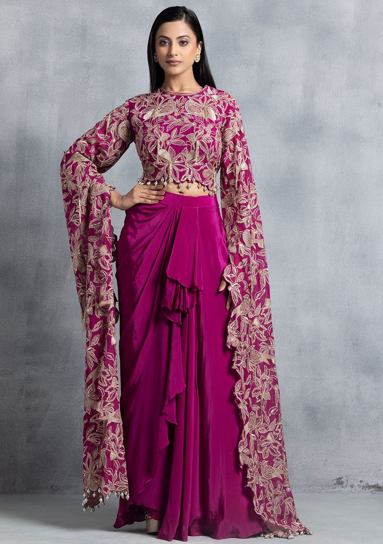 Partywear designer hot pink crop top with dhoti skirt