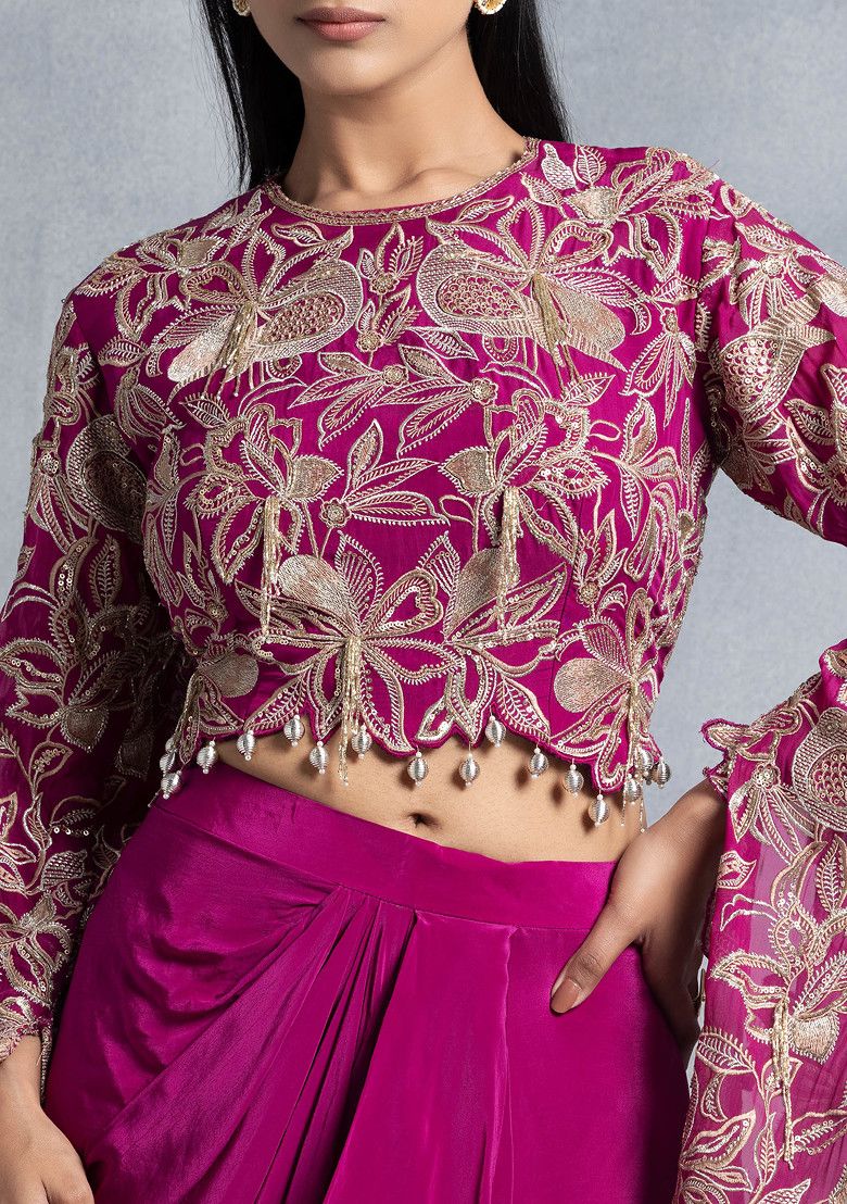 Partywear designer hot pink crop top with dhoti skirt