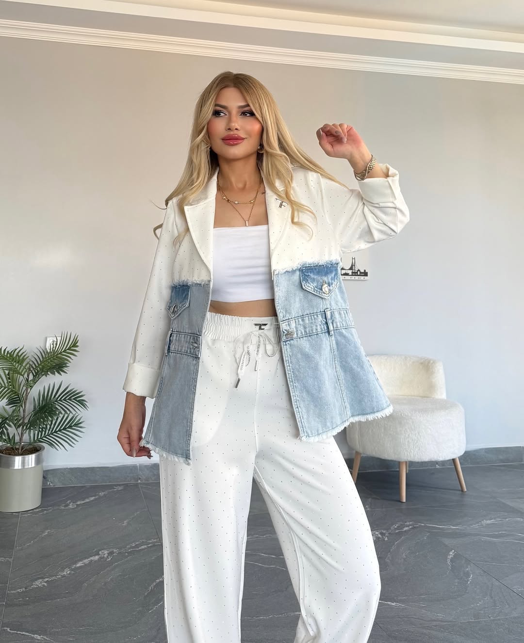 Denim Dual Tone Colour Block Blazer Coord Set