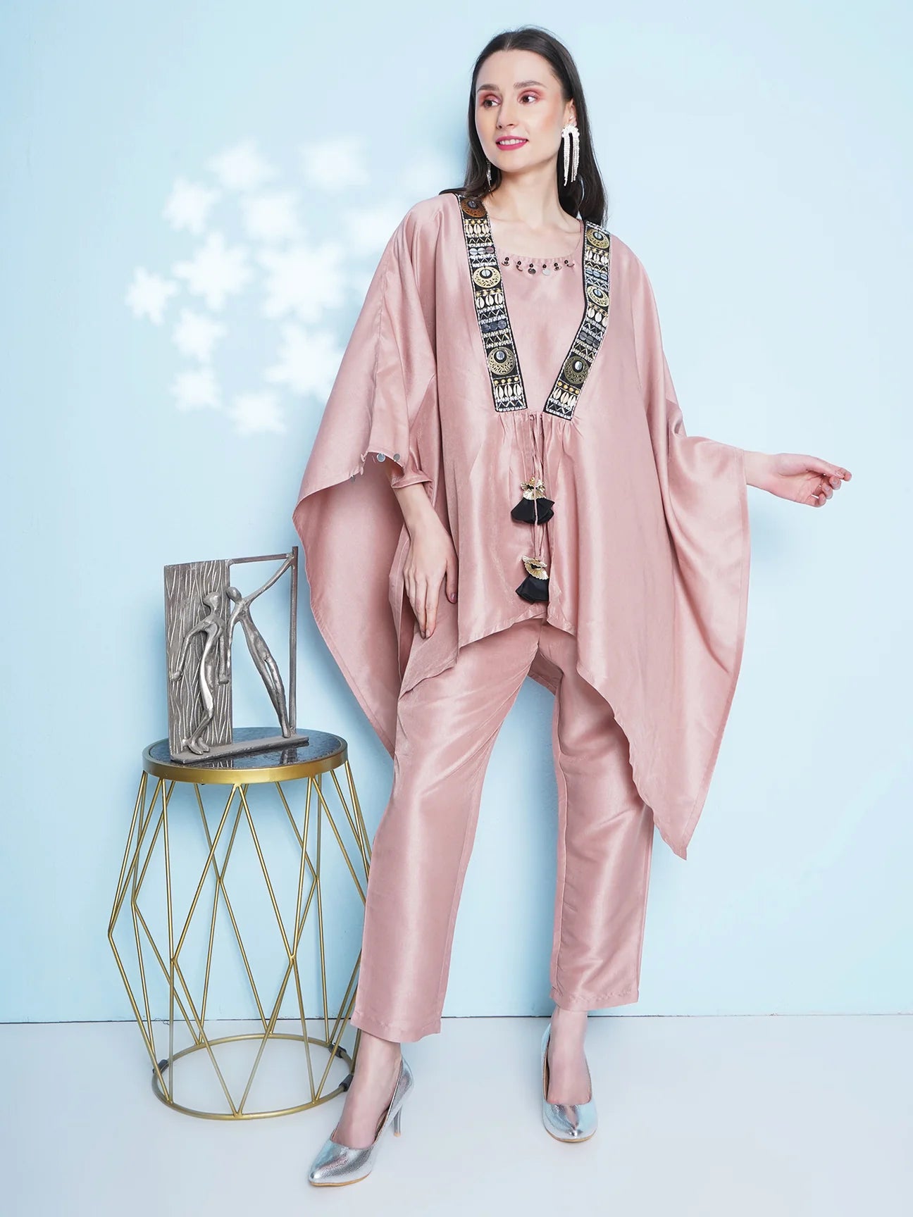 Rose Gold Silk Muslin 3 Piece Hand Embellished Kaftaan Set