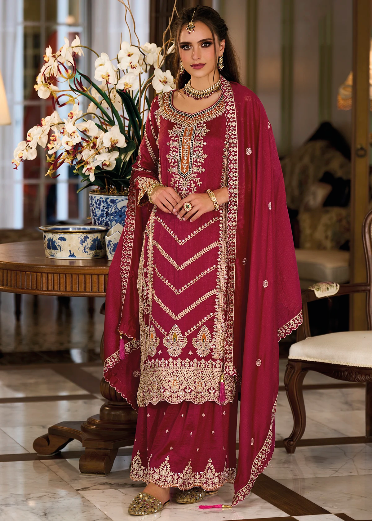 Maroon Mirror Work & Zari Embroidered Sharara Suit