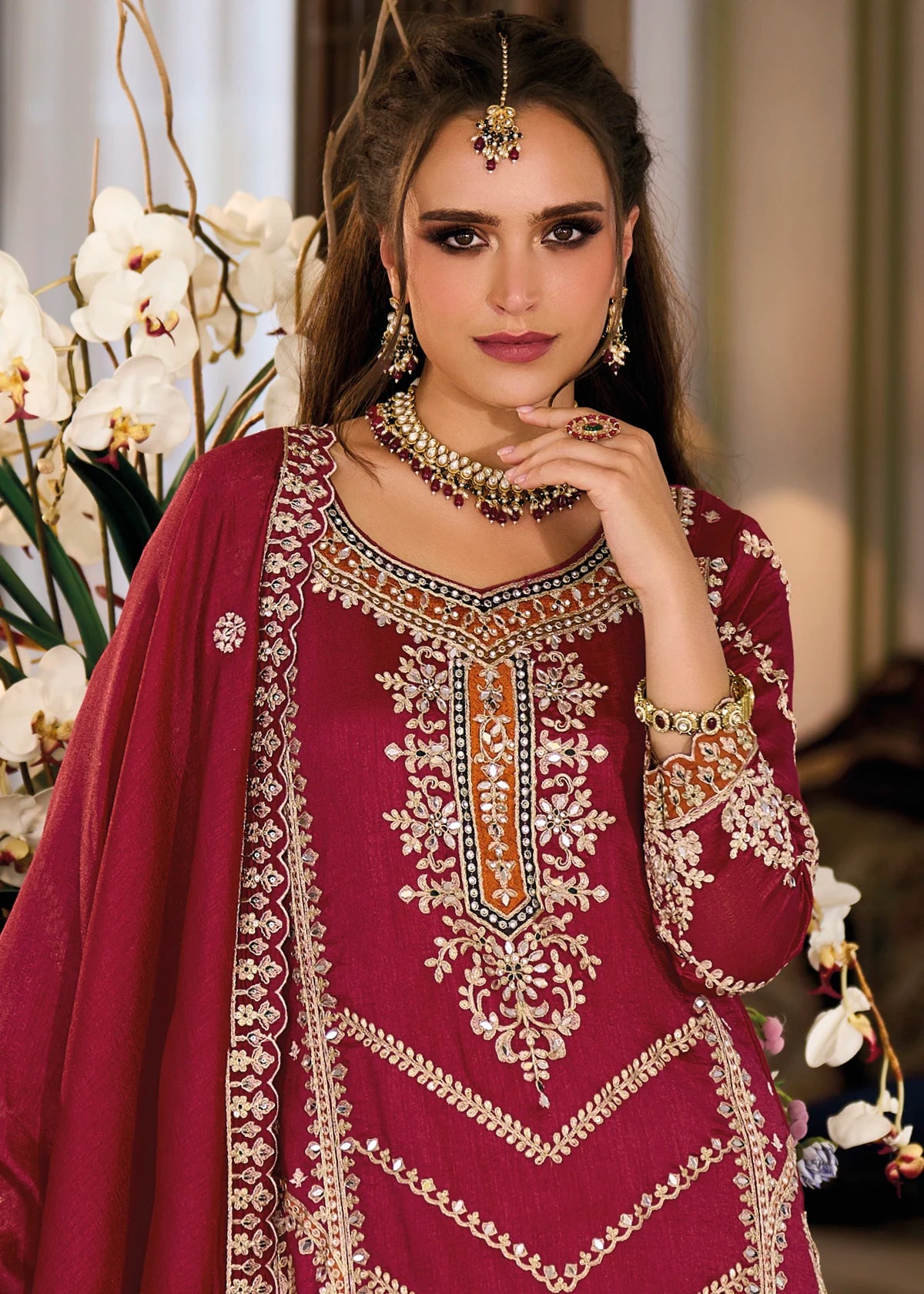 Maroon Mirror Work & Zari Embroidered Sharara Suit