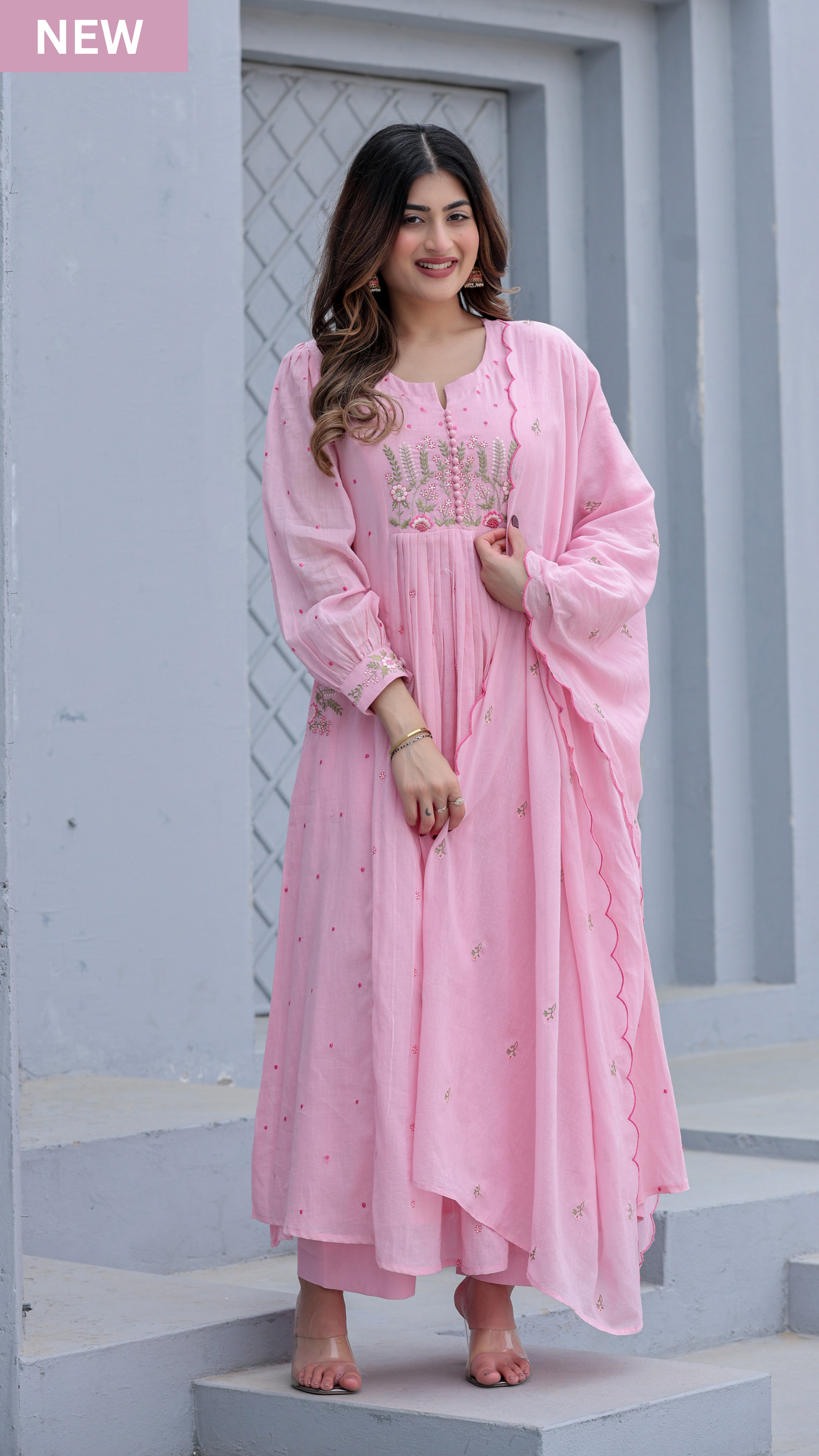 Pure Mul Cotton Anarkali Suit With Intricate Embroidery With Dupatta