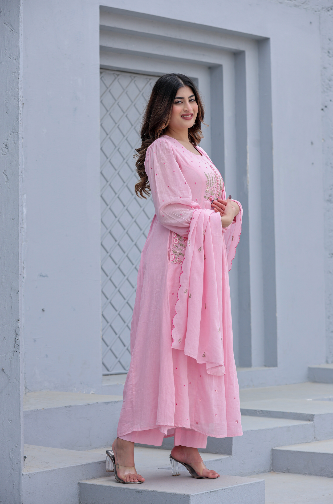Pure Mul Cotton Anarkali Suit With Intricate Embroidery With Dupatta