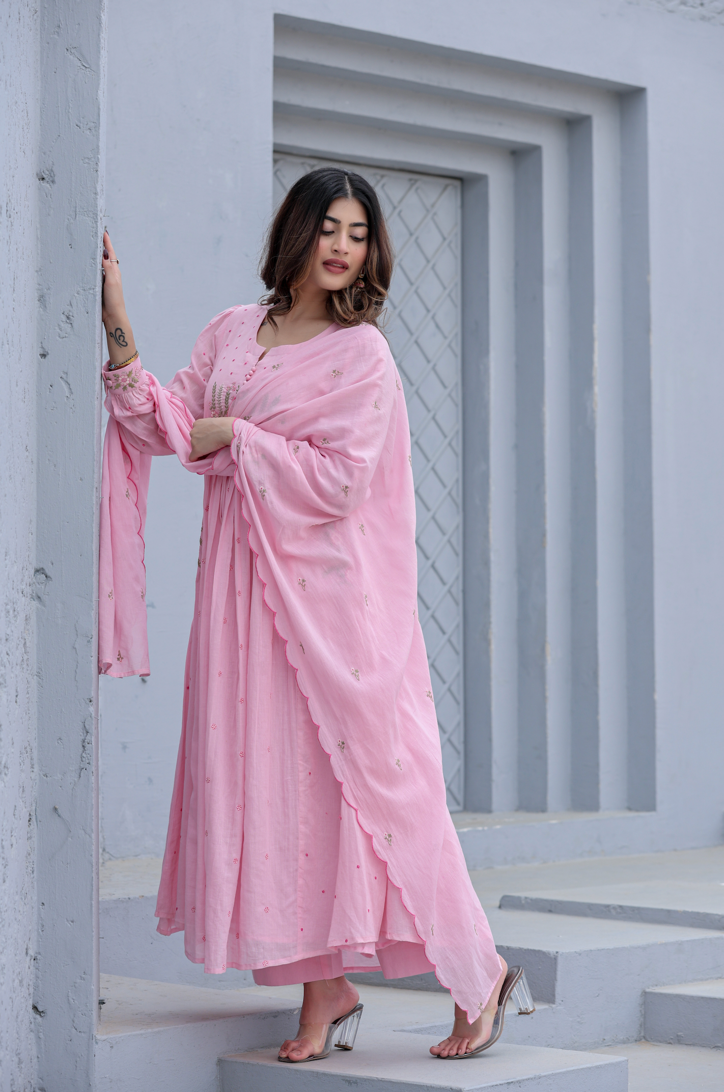 Pure Mul Cotton Anarkali Suit With Intricate Embroidery With Dupatta