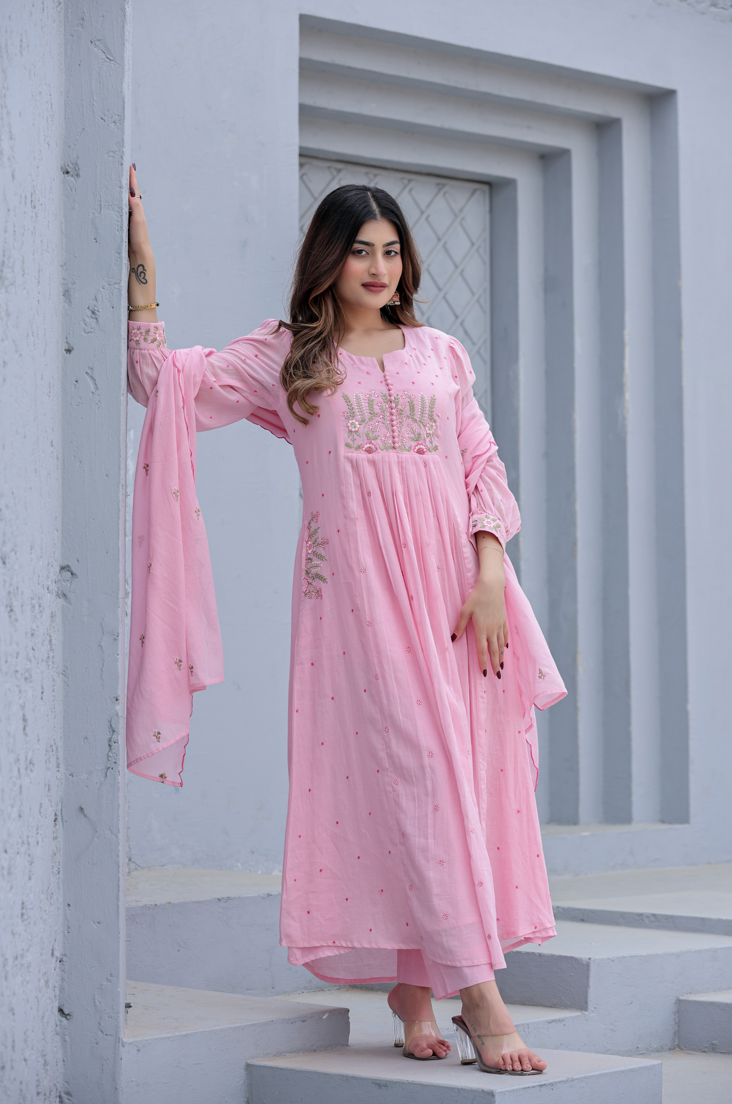 Pure Mul Cotton Anarkali Suit With Intricate Embroidery With Dupatta