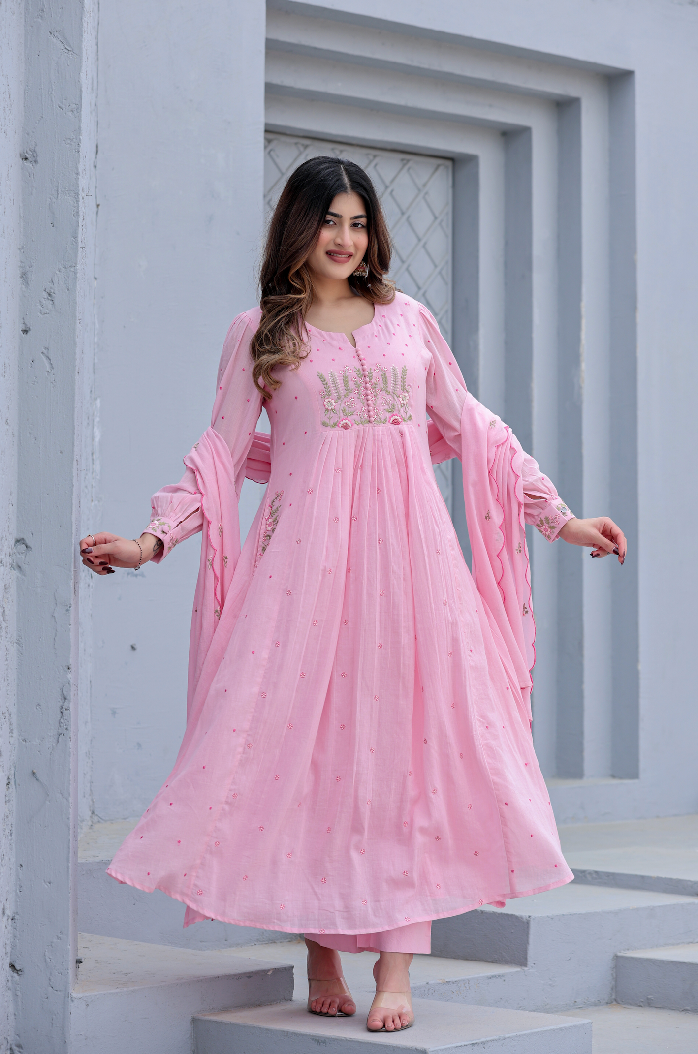 Pure Mul Cotton Anarkali Suit With Intricate Embroidery With Dupatta