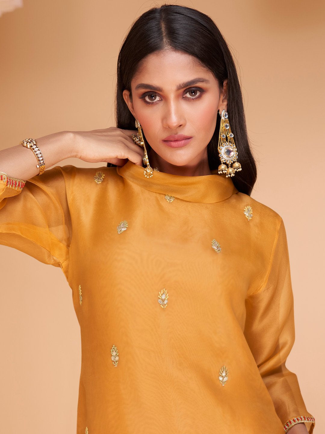 Mustard Yellow Multi Embroidery Organza Kurti And Gharara Suit