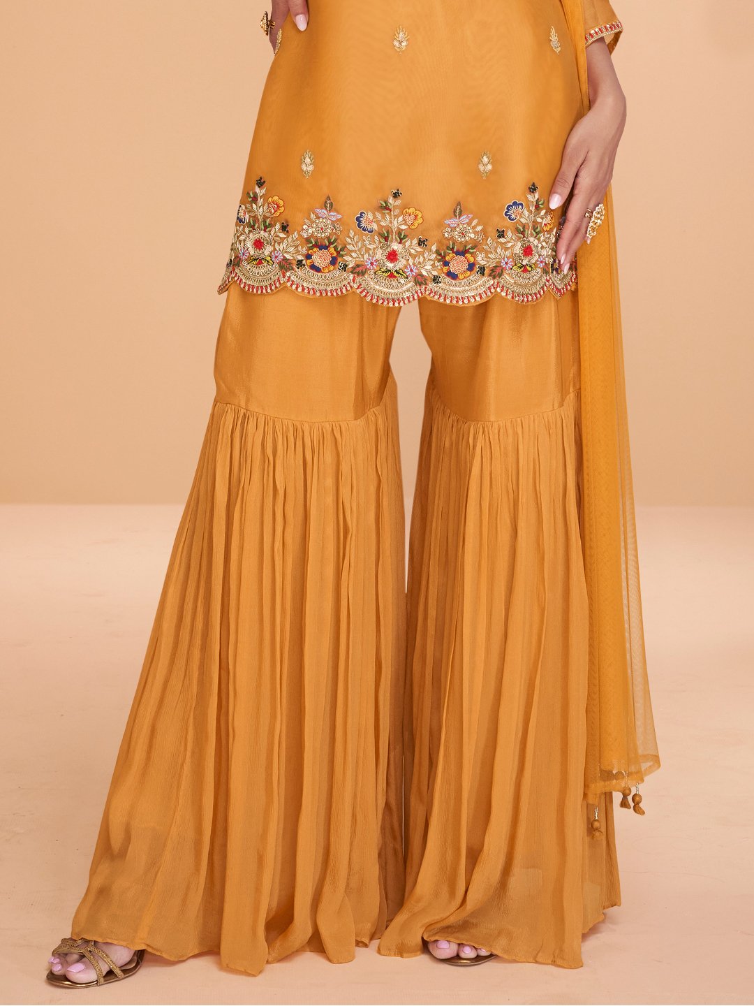 Mustard Yellow Multi Embroidery Organza Kurti And Gharara Suit