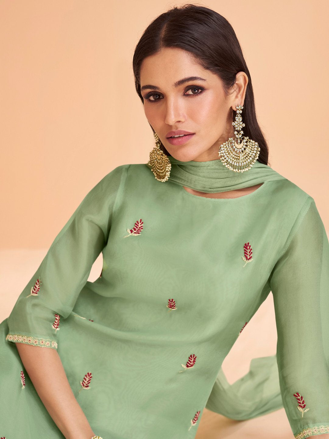 Pista Green Multi Embroidery Organza Kurti And Gharara Suit