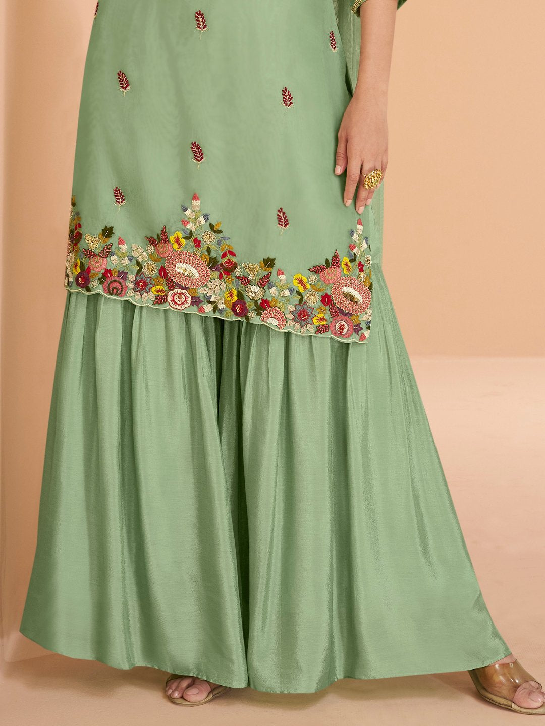 Pista Green Multi Embroidery Organza Kurti And Gharara Suit